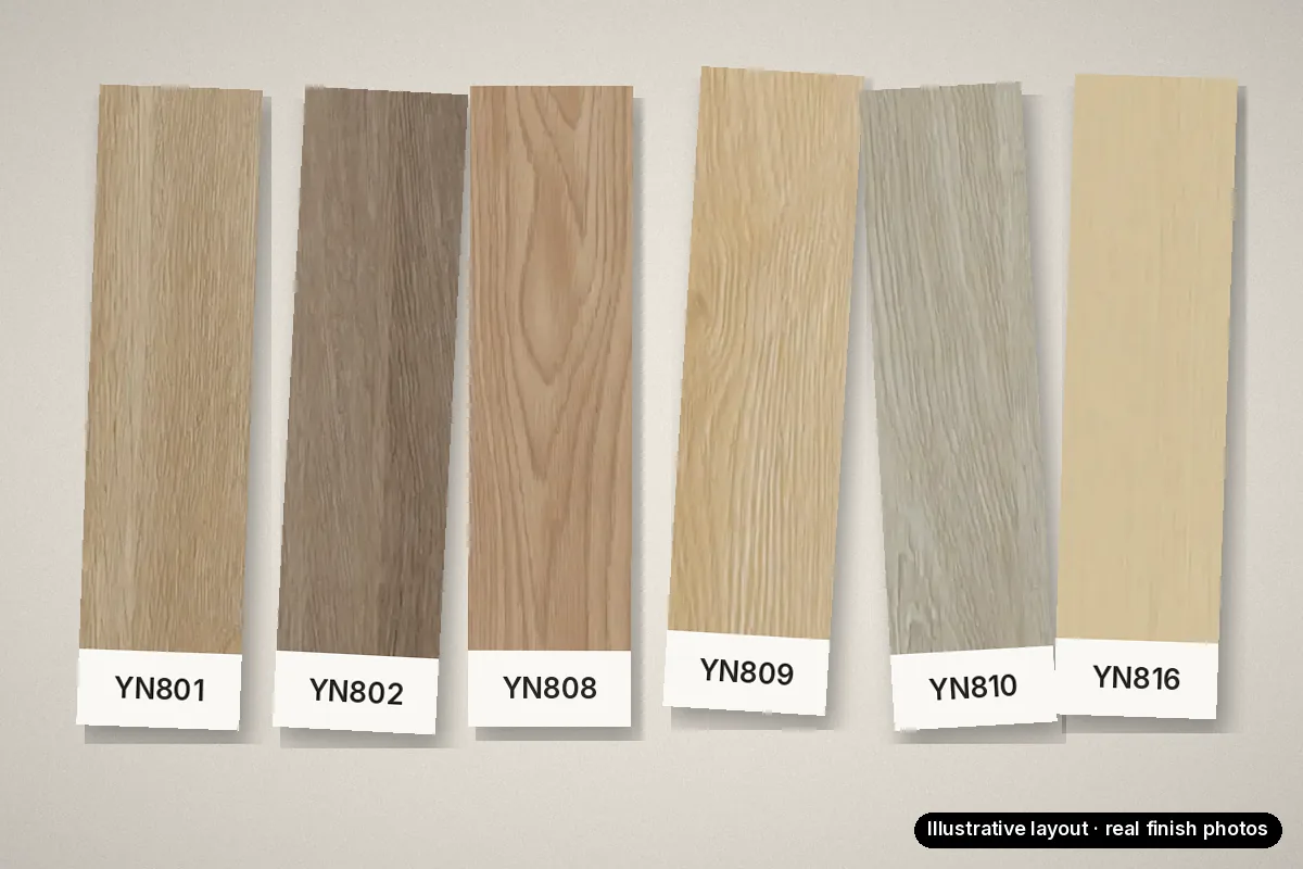 Enoch SPC sample kit layout with six real finish photos: YN801, YN802, YN808, YN809, YN810, YN816 (illustrative layout)