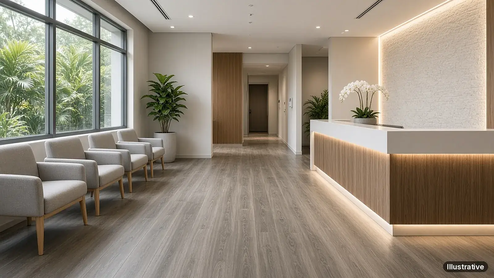 Illustrative clinic waiting area with Enoch SPC flooring in a YN810-style oak finish (AI-generated illustration, not a project photo)