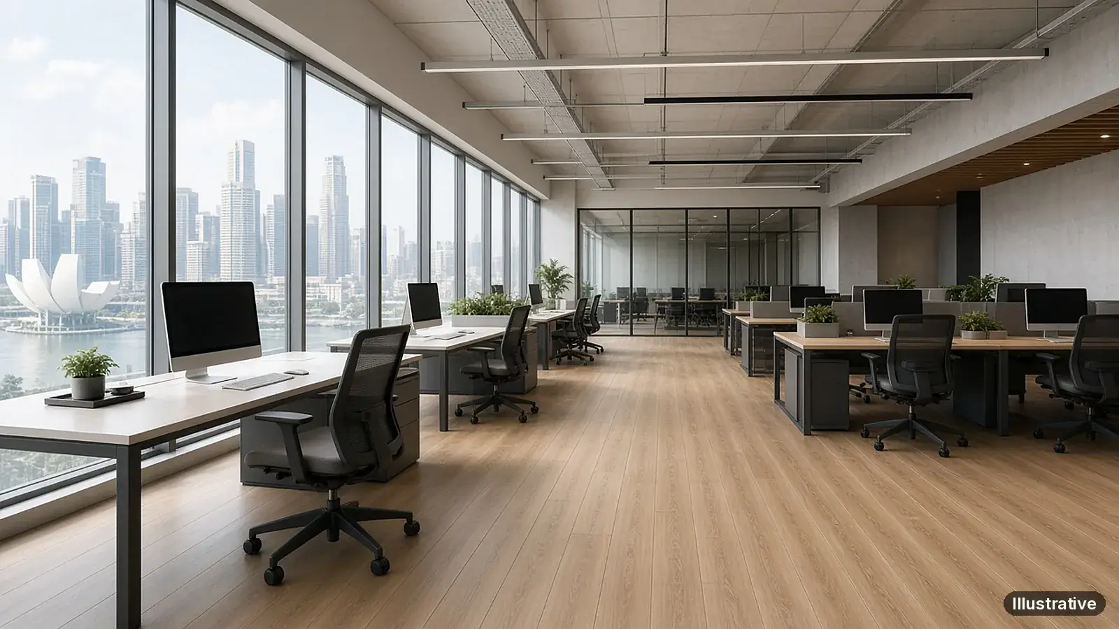 Illustrative office interior with Enoch SPC flooring in a YN801-style oak finish (AI-generated illustration, not a project photo)