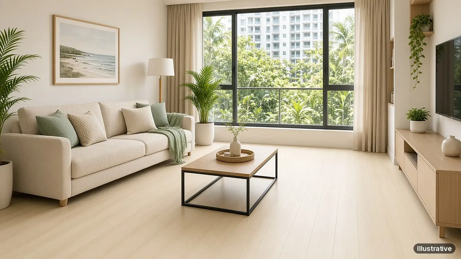 Illustrative HDB or condo living room with Enoch SPC flooring in a YN816-style oak finish (AI-generated illustration, not a project photo)