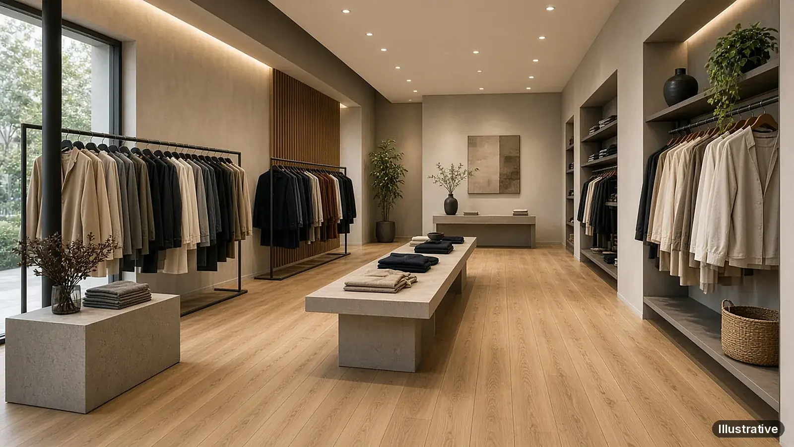 Illustrative retail shop interior with Enoch SPC flooring in a YN808-style oak finish (AI-generated illustration, not a project photo)